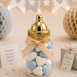 Babyshower babyflesje blauw goud